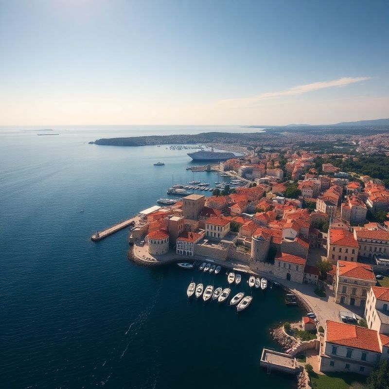 Panoramski pogled na dalmatinski grad Šibenik s vidljivom industrijskom i turističkom infrastrukturom